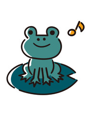 蓮の葉の上に座るカエル／梅雨／ベクター手書き線画イラスト