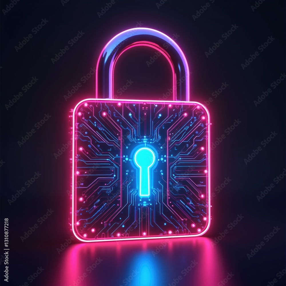 Poster Cyber security concept featuring blue padlock on circuit board. Futuristic 3D rendering protection of digital data, privacy. Internet safety, encryption, cyberspace. Online business security system,