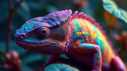Fototapeta premium A vibrant chameleon displaying a spectrum of colors in a natural setting. The chameleon color is striking and vivid.