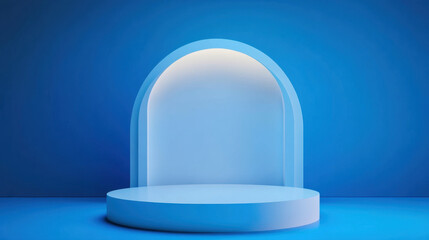 modern, minimalist display stage with curved backdrop in vibrant blue setting, perfect for showcasing products or presentations