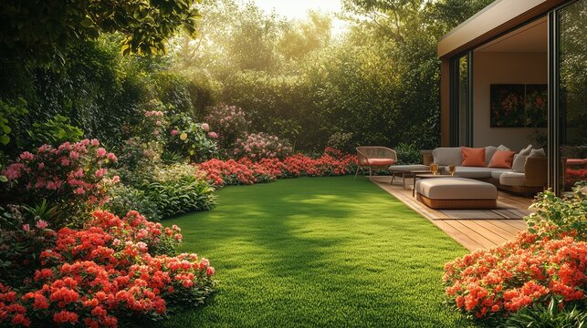 Peaceful garden surrounded by blooming flowers illuminated by bright sunlight in a tranquil outdoor space. Spring background concept.