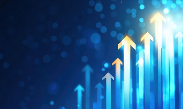 Blue background with glowing arrows and bar chart representing growth and progress. vibrant colors and dynamic shapes evoke sense of optimism and success