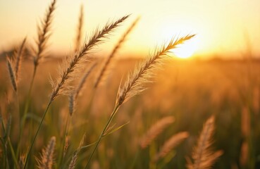 Obraz premium Close up of feather grass at sunset. Backlit grassland landscape with wild field, orange sunset light, floral pasture. Warm, golden light enhance peaceful mood, agricultural harvest time.