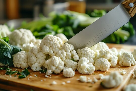 Chef cutting fresh organic cauliflower on wooden board