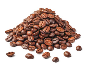 A pile of coffee beans on a white background. The beans are of different sizes and are spread out in a pile