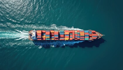 Aerial view of cargo ship sailing through deep blue sea loaded with colorful containers. Commercial vessel transports goods, import, export industry, global logistics, supply chain management.