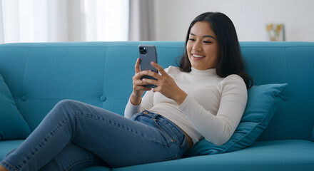 Obraz premium woman using a phone, Happy woman using smart phone while relaxing on blue sofawoman, young, adult, lifestyle, connection, couch, media, Generated AI