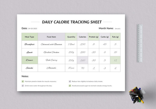Daily Calorie Tracking Sheet Template Layout