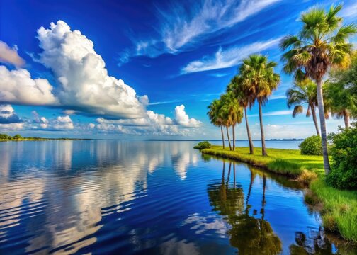 Titusville's sun-drenched morning showcases the Indian River's beauty, palm trees swaying beneath fluffy clouds.