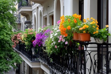 Colorful flowers decorating balconies of a residential building
