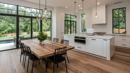 Fototapeta premium Modern Kitchen Interior with Large Dining Table and Natural Light