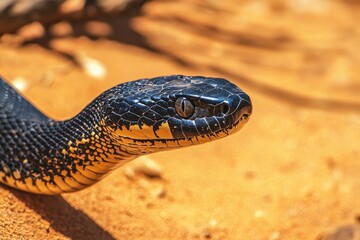 Fototapeta premium Close-up Portrait of Inland Taipan Snake on Sandy Surface in Natural Habitat