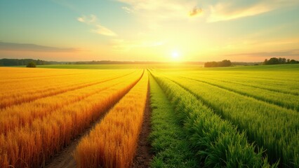 Fototapeta premium A picturesque agricultural landscape with golden and green fields under a bright sunrise.