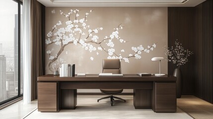 Modern office, floral wall, city view, desk chair
