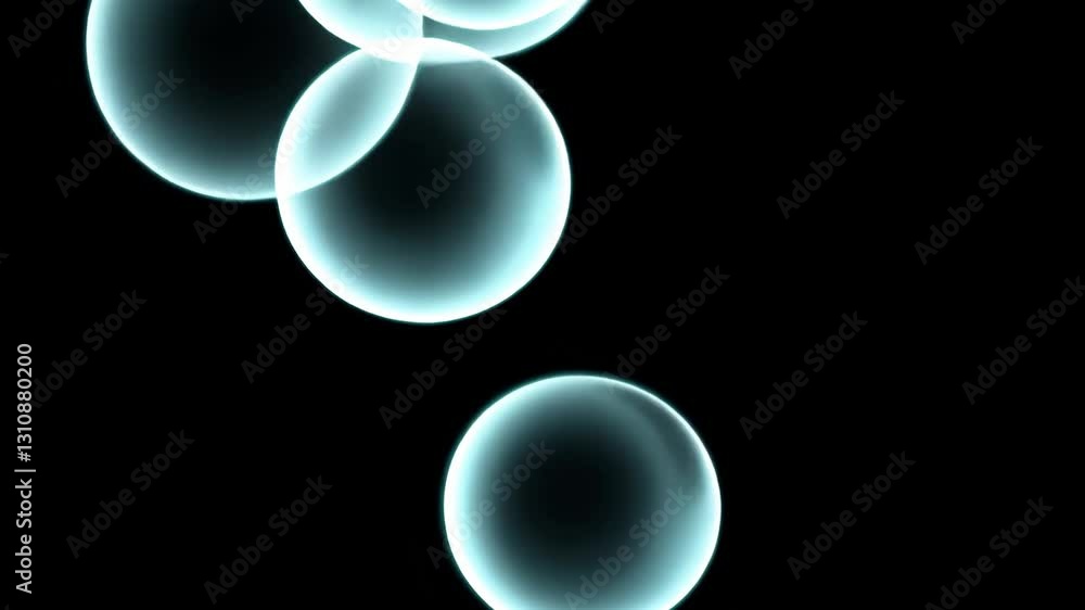 Poster luminescent spheres floating softly against dark background, creating hypnotic fluid movement with s