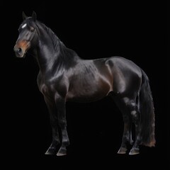 Fototapeta premium Majestic black horse standing elegantly on a black background with flowing mane and alert expression.