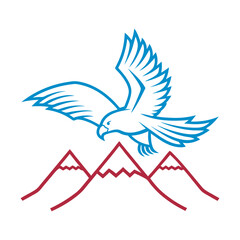 Obraz premium Soaring eagle outline over mountain range, vector line art