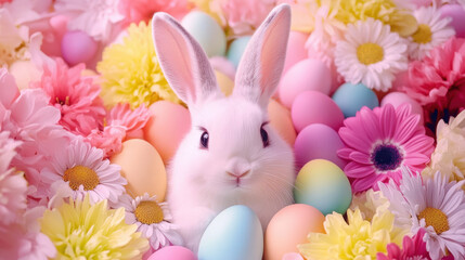 Obraz premium Cute Easter bunny surrounded by colorful flowers and pastel eggs, creating joyful and festive atmosphere. Perfect for spring celebrations and holiday decorations