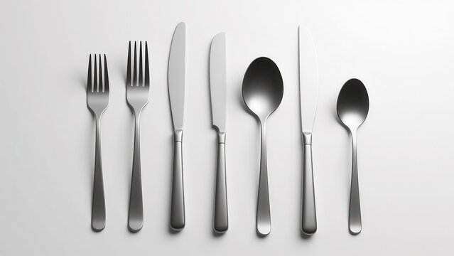 A cutlery set consisting of two forks, two knives, a tablespoon, and a teaspoon arranged neatly on a white background.