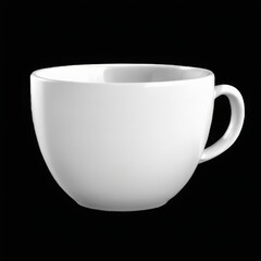 White ceramic coffee cup with handle on the right side, standing upright on black background. Empty cup with glossy finish.
