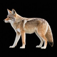 Fototapeta premium Coyote Illustration Facing Left: Digital drawing of a coyote on all fours with a light brown coat on a black background.