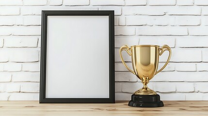 Golden Trophy and Blank Award Certificate in Black Frame on Wooden Shelf Against White Brick Wall


