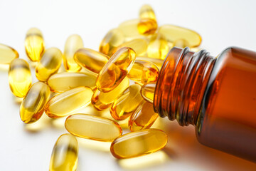 Vitamin capsules in a bottle, soft gels, Fish oil capsules, omega 3, omega 9, vitamin D, vitamin E