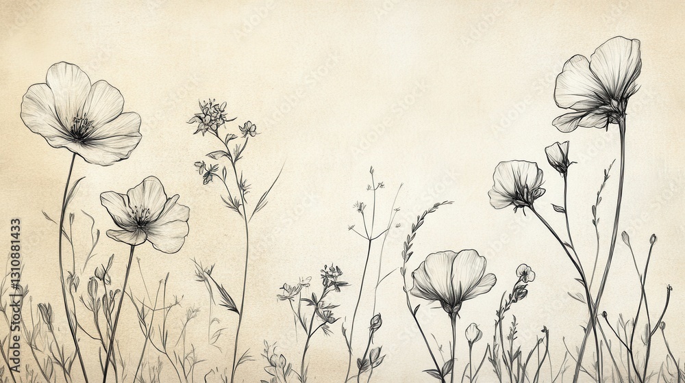 Poster delicate hand drawn floral sketches on aged paper featuring intricate line art and soft vintage tone