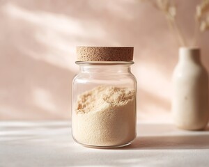A clear glass jar filled with dry yeast, sealed with a cork lid, standing on a light-colored countertop. The background is a soft pink shade, adding warmth. Text space is left in the upper right