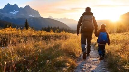 Father and son hiking together in mountain landscape at sunset