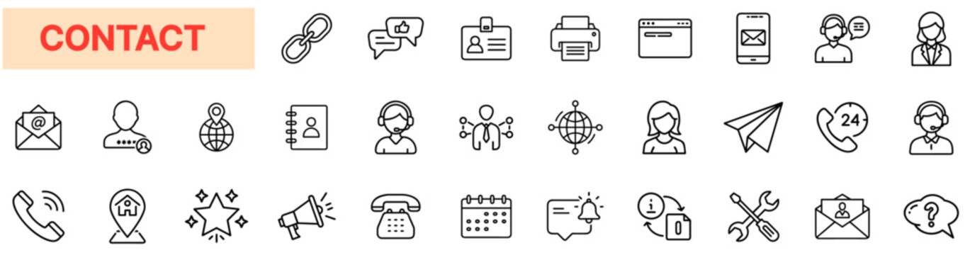 Contact & Communication Icons &ndash; Email, Phone, Support, Messaging, Customer Service, Social Connection Symbols