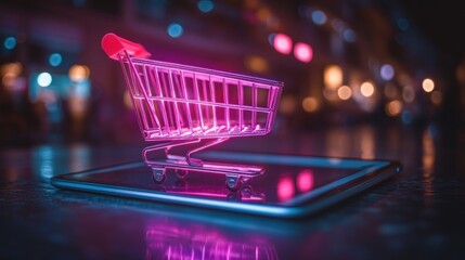 Miniature shopping cart with neon pink light on a tablet, highlighting online shopping concept in a blurred city background.