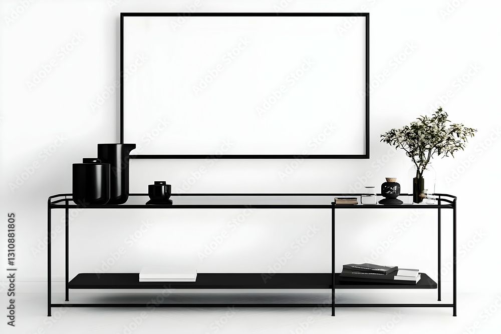 Poster modern minimalist black and white console table with empty frame 3d