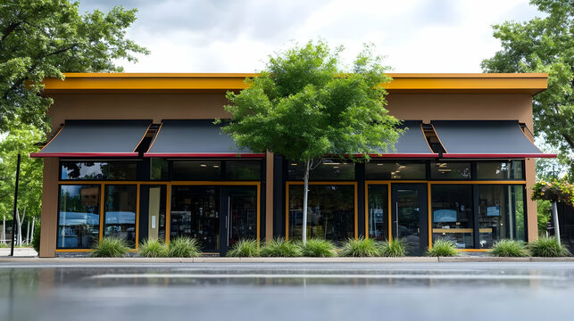 Modern Retail Store Facade with Black Awnings Photo