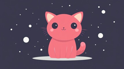 A Cute Pink Cartoon Cat With Large Eyes Against Dark Background
