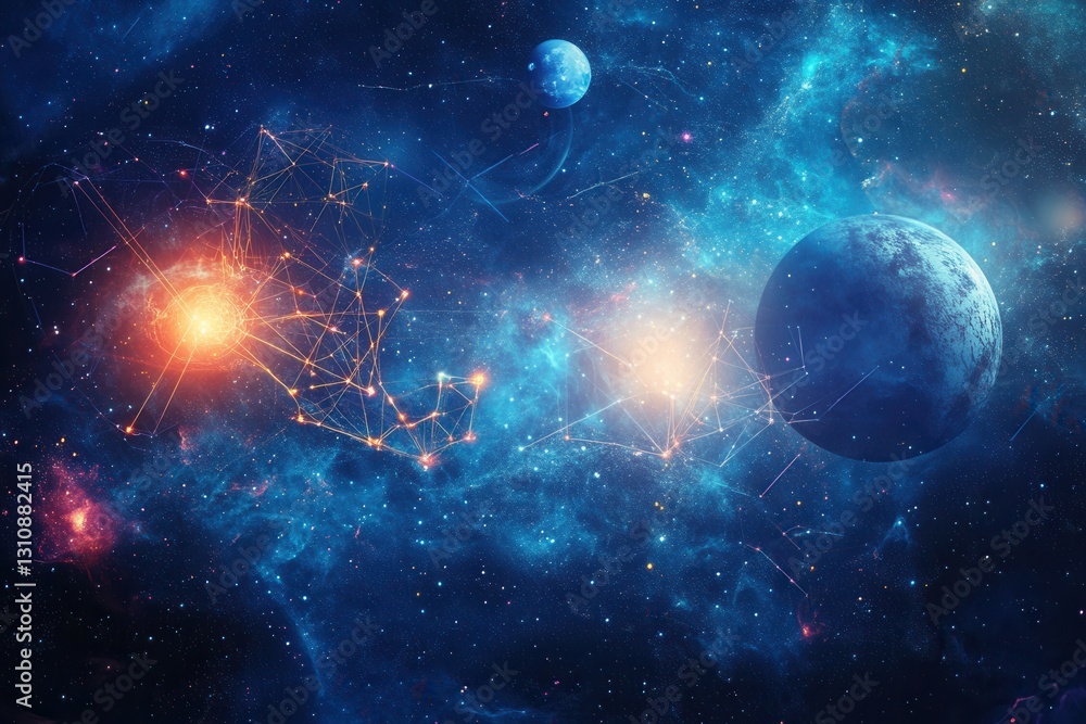 Aufkleber cosmic dreamscape with planets and glowing connections in a deep blue nebula at twilight