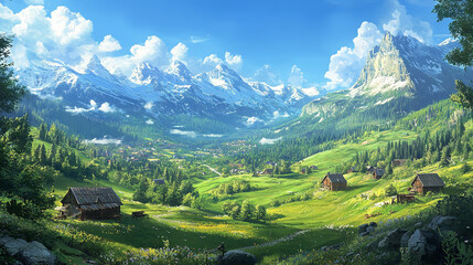 Fototapeta premium A view of the snow-capped mountains and lush green valley in the Alps on a sunny day