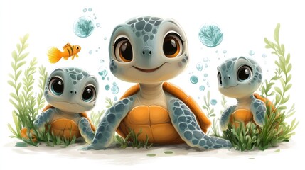 Fototapeta premium Cute cartoon sea turtles in an underwater scene.