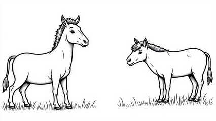 Obraz premium Farm animal coloring page featuring two horses standing on grass.
