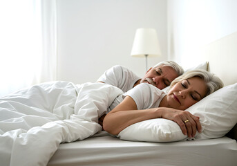A beautiful old couple sleeping on a white bed. A nice old couple.