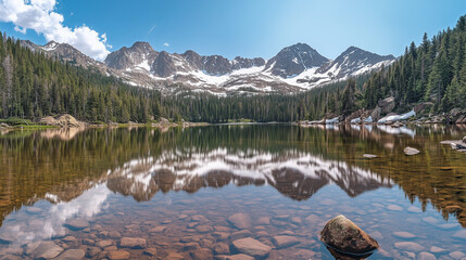 Crystal clear mountain lake reflection surrounded by pine trees and snow capped peaks, picture of serenity and peaceful beauty