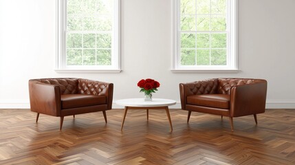 Cozy Living Room with Brown Leather Chairs and Red Roses Centerpiece