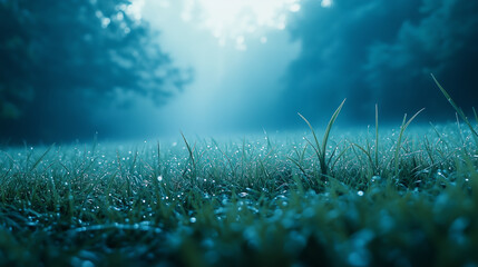 Foggy meadow at dawn presents soft focus grass, embodying serene tranquility, dew kissed leaves in cool hues evoke refreshing ambiance