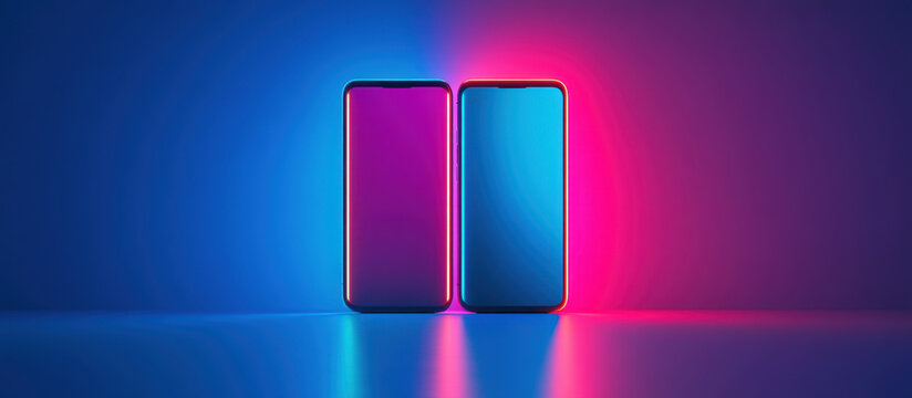 Epic wide angle shot of two smartphones standing side by side, illuminated by vibrant blue and pink lights, creating modern and tech savvy atmosphere