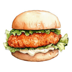 A watercolor illustration of a chicken sandwich with crispy lettuce and mayonnaise
