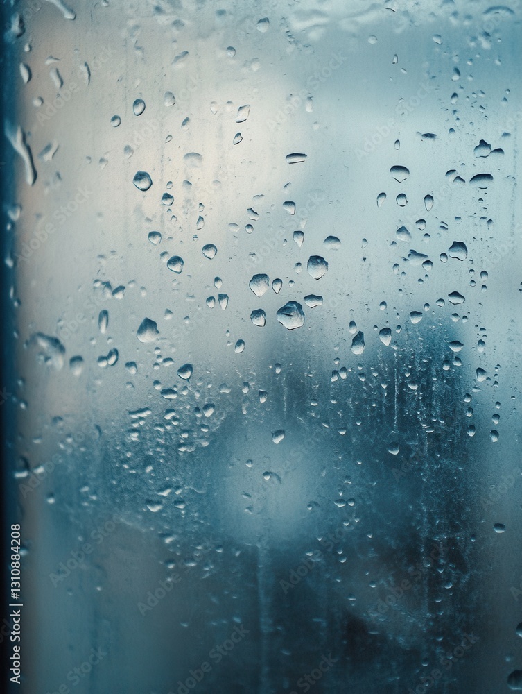 Poster raindrops trickle down a blurred window reflecting muted blue and gray sadness in a soft abstract ba