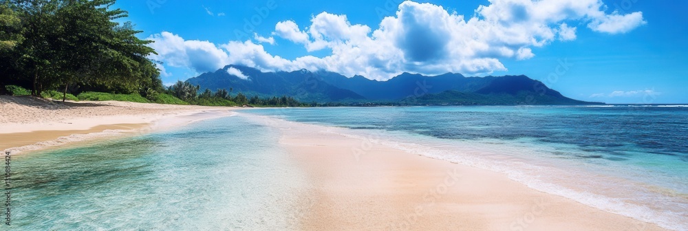 Aufkleber breathtaking view of a serene beach with turquoise water and distant mountains under a clear blue sk