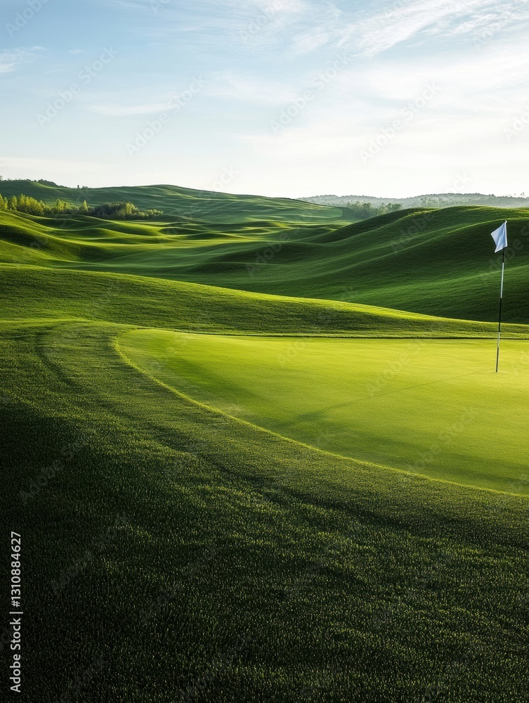 Aufkleber serene golf course showcasing rolling green hills and a flag marking the hole for a perfect afternoo