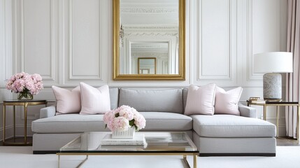 Elegant Light Gray Sofa with Pink Accents in Modern Interior Design