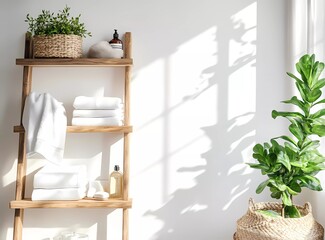 
A current bathroom shelf with a wooden ladder and towels near a light wall in a modern home interior design, creating a fresh indoor space. This image was the winner of a stock photo contest, a stock